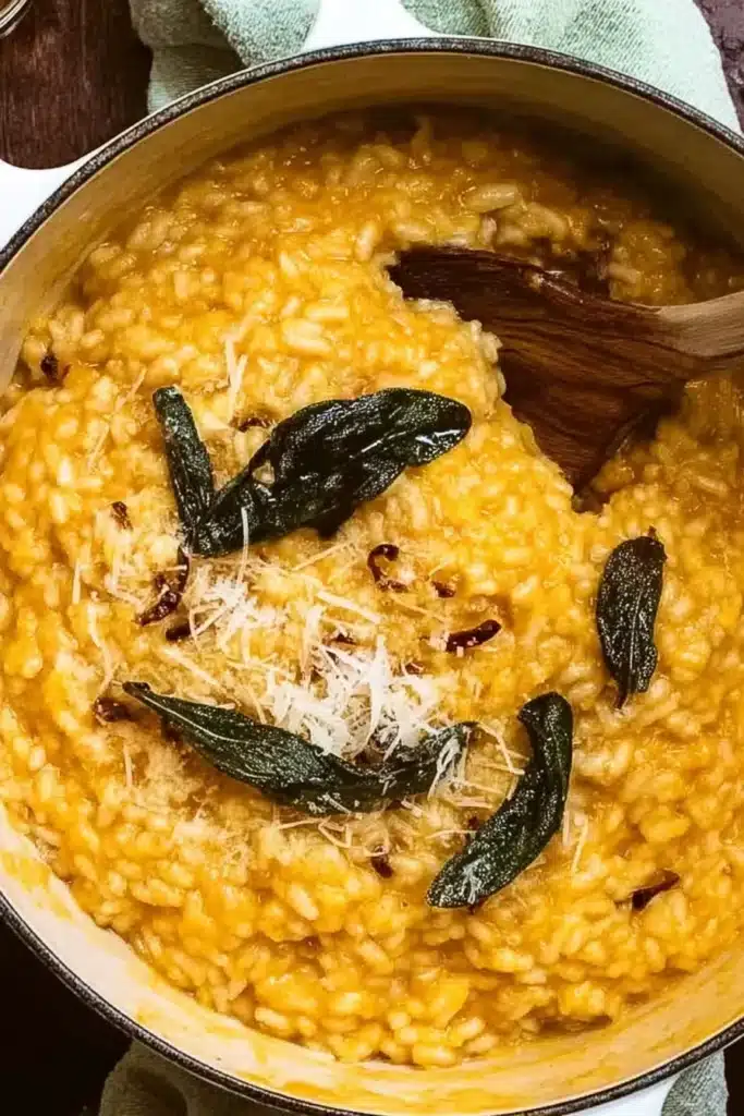 Top view of creamy baked pumpkin risotto with sage and parmesan
