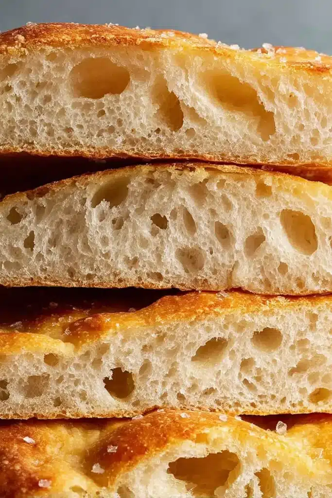 Close-up of fluffy quick and dirty focaccia with golden crust and airy crumb