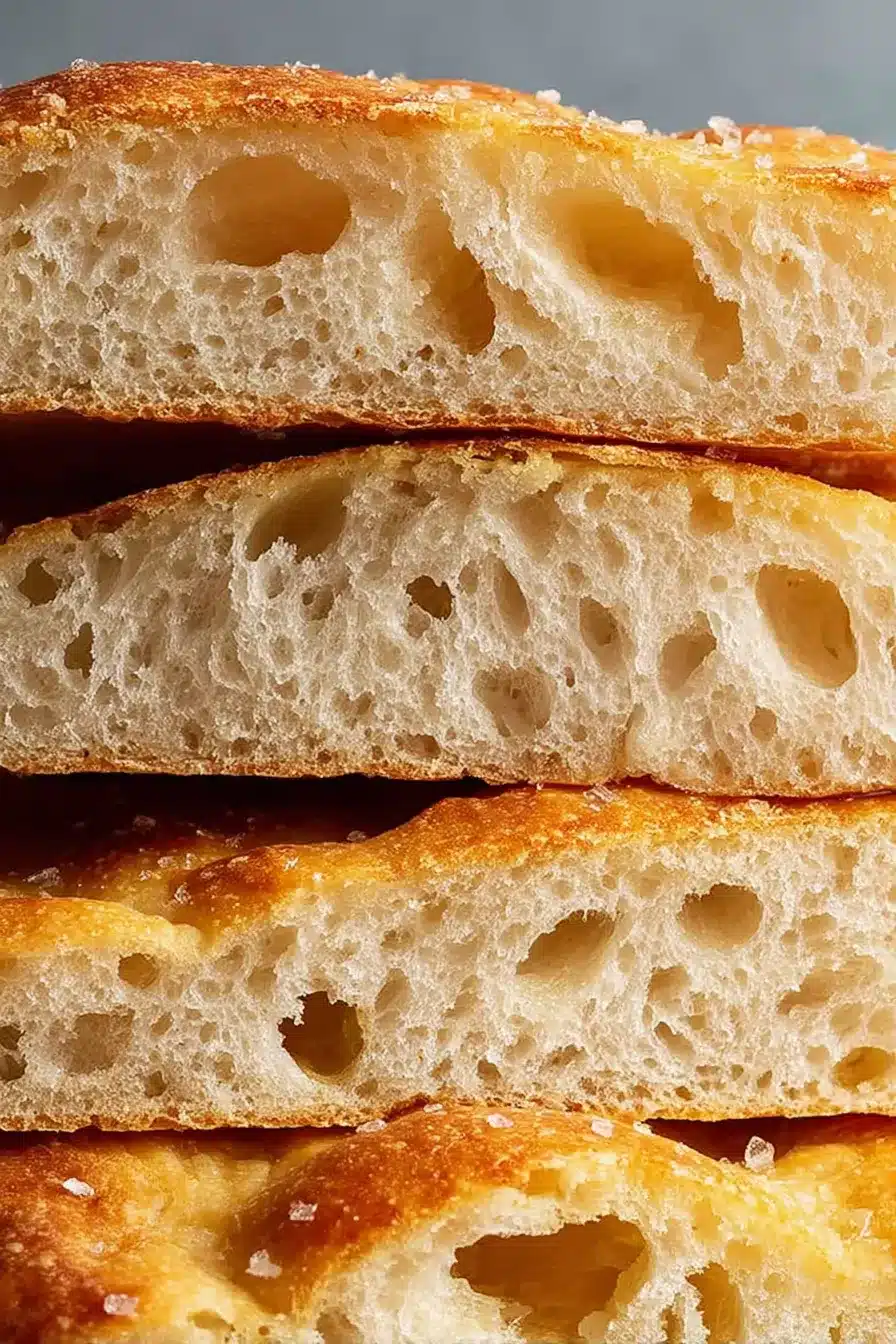 Close-up of fluffy quick and dirty focaccia with golden crust and airy crumb