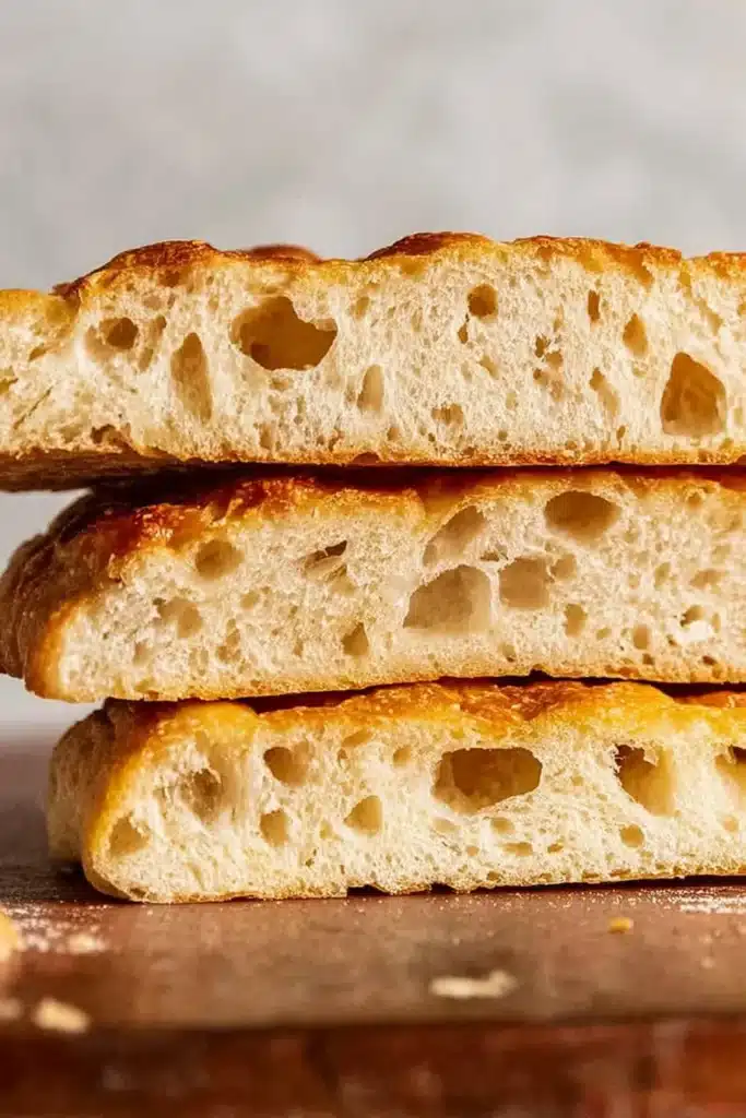 Sliced quick and dirty focaccia showing airy crumb and golden crust