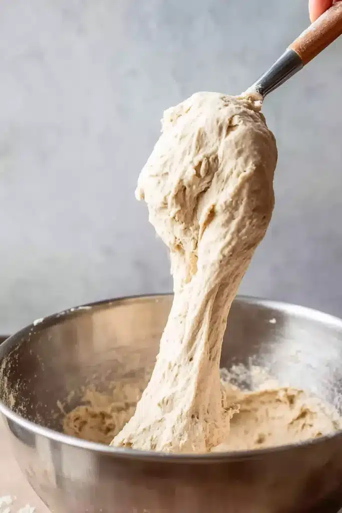 Sticky quick and dirty focaccia dough lifted with spatula from bowl