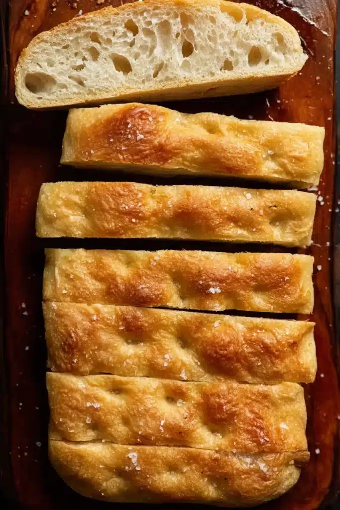 Sliced quick and dirty focaccia with golden crust and airy crumb