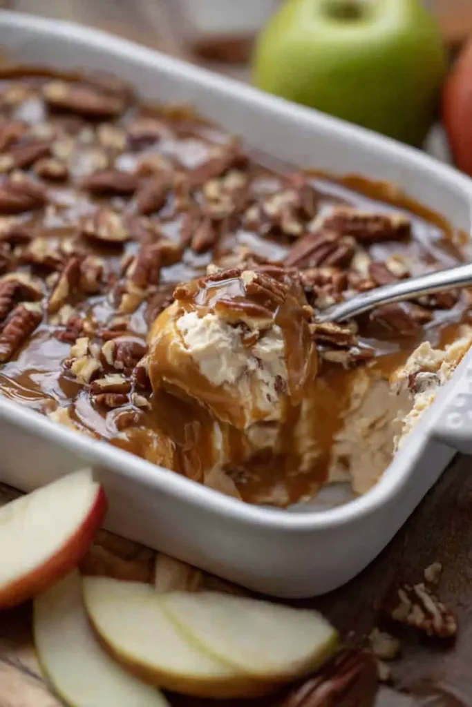 easy caramel apple cheesecake dip recipe spooned with caramel and pecans