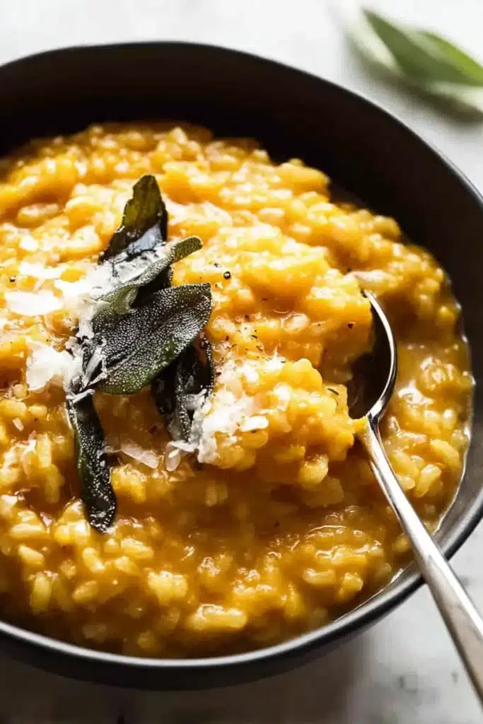Bowl of creamy baked pumpkin risotto with crispy sage and parmesan