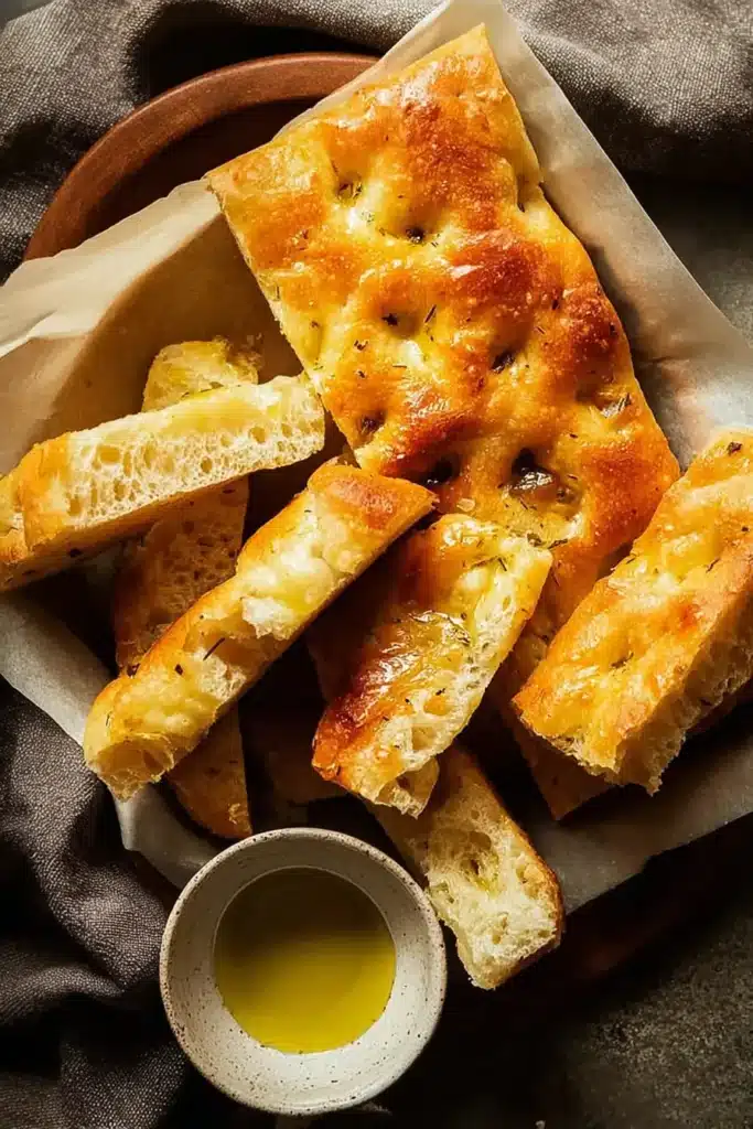 Sliced quick and dirty focaccia with olive oil dip in tray
