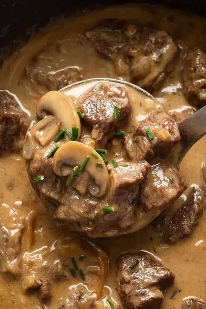 Slow cooker beef stroganoff stew in creamy mushroom sauce with tender beef and fresh chives