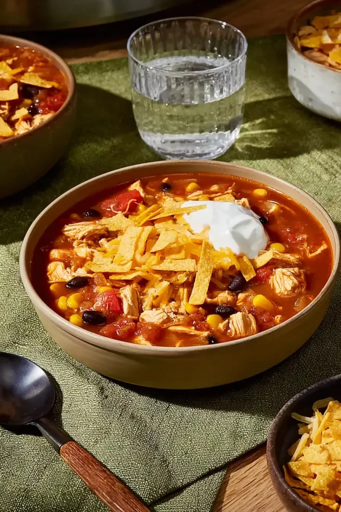 Slow Cooker Chicken Taco Soup | Easy & Delicious Meal 7 Slow Cooker Chicken Taco Soup topped with cheddar, sour cream, and tortilla chips in a ceramic bowl