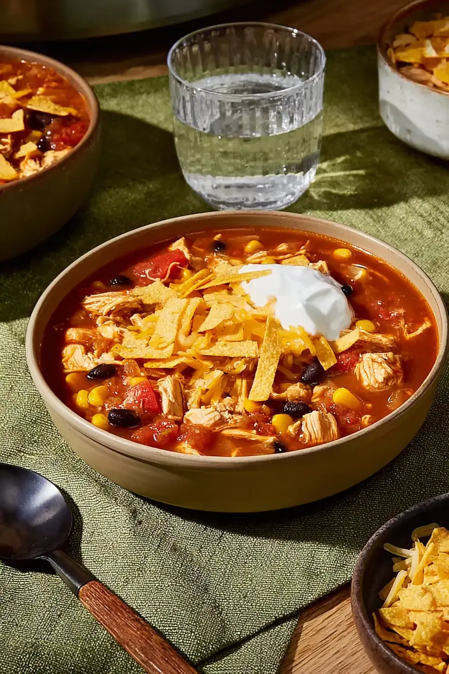 Slow Cooker Chicken Taco Soup topped with cheddar, sour cream, and tortilla chips in a ceramic bowl