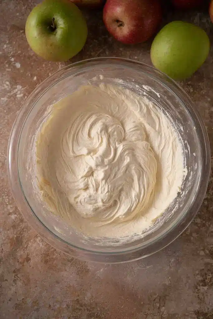 easy caramel apple cheesecake dip recipe whipped base in glass bowl