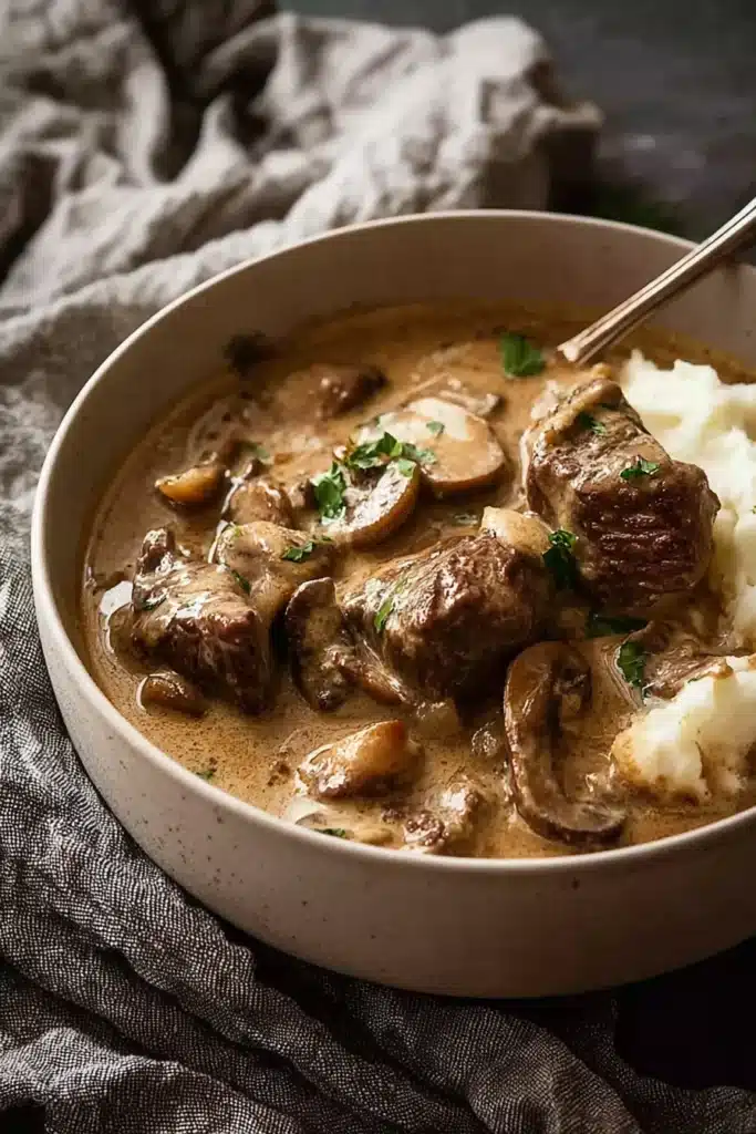 Beef stroganoff stew with mushrooms in a white bowl over mashed potatoes