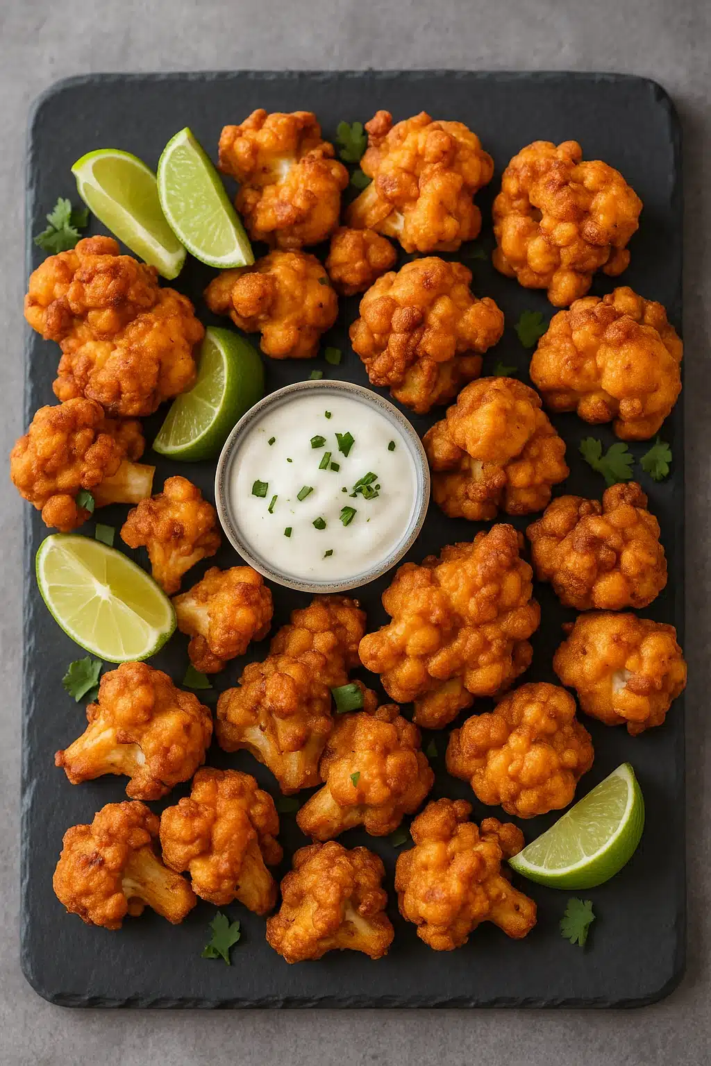 Crispy air fryer buffalo cauliflower bites with ranch dip and lime wedges