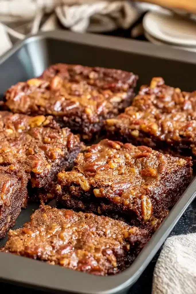 Pecan Pie Brownies – Irresistibly Gooey Thanksgiving Dessert 12 Freshly baked Pecan Pie Brownies cooling in pan