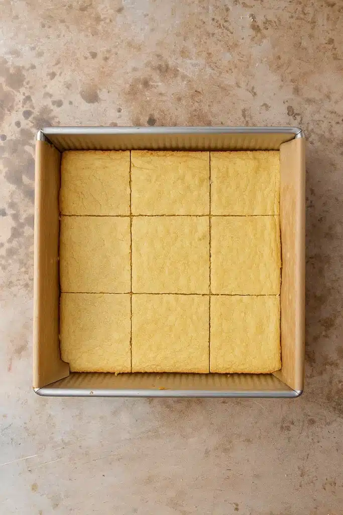 Christmas Sugar Cookie Bars – Soft, Sweet & Irresistible 14 Baked sugar cookie bar base in square pan with parchment paper