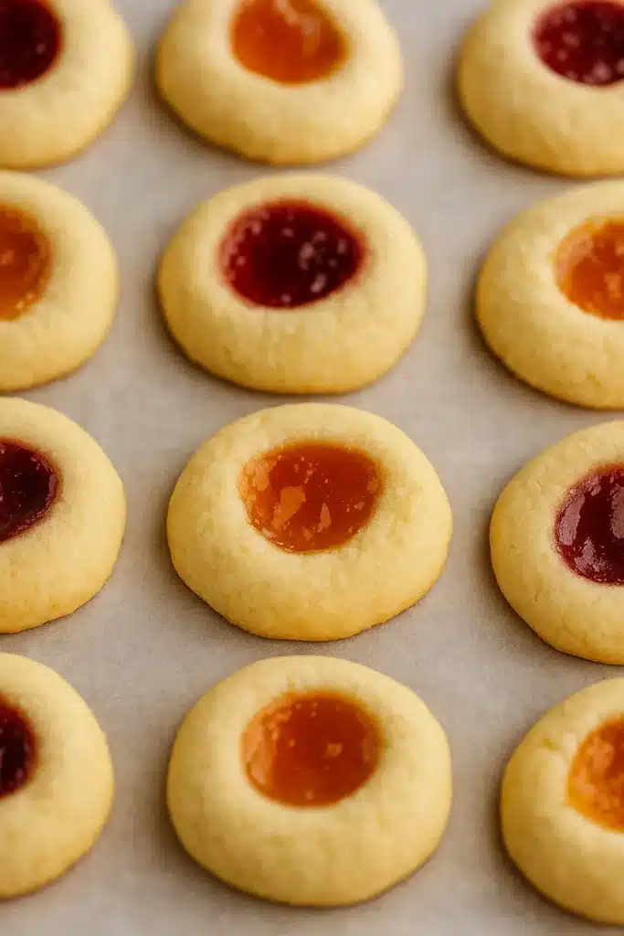 Thumbprint Cookies – Simple, Delicious, and Irresistible 10 Freshly baked thumbprint cookies with jam on parchment paper