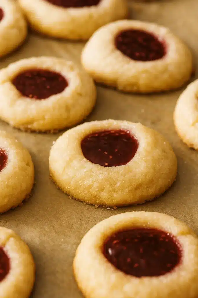 Freshly baked classic thumbprint cookies with raspberry jam centers