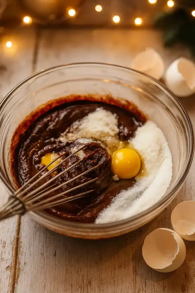 Mixing eggs, sugar, and butter into brownie batter for easy Christmas brownies