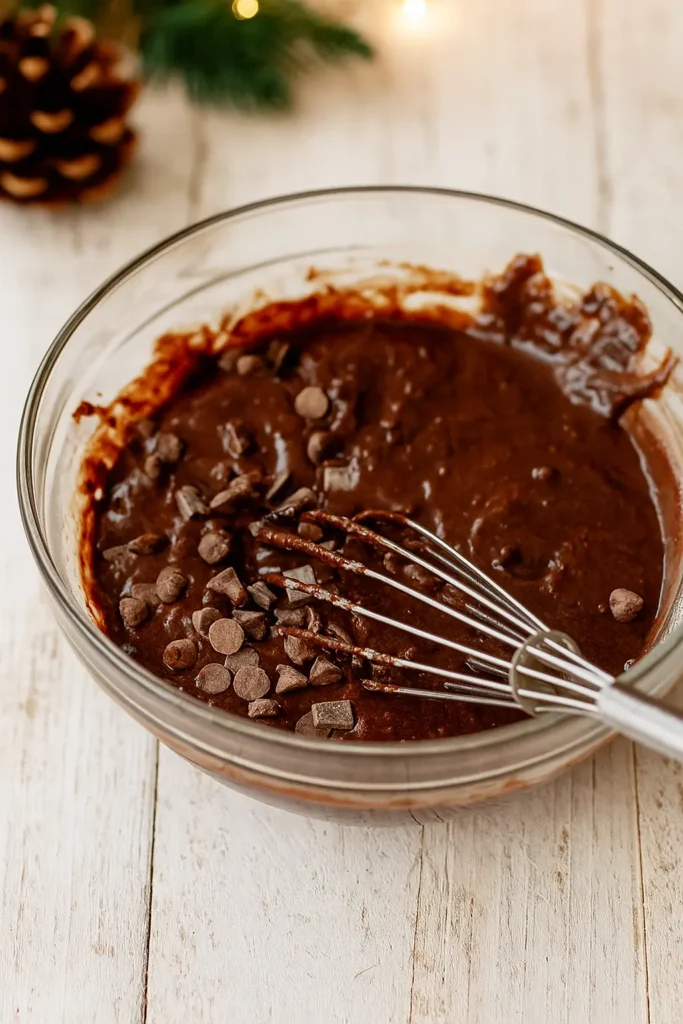 Brownie batter with chocolate chips in a glass bowl for easy Christmas brownies