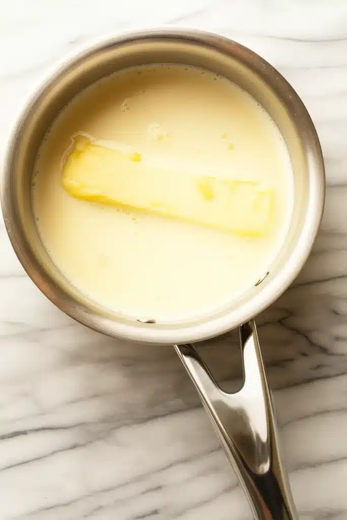 Crockpot mashed potatoes recipe butter and cream warming in saucepan