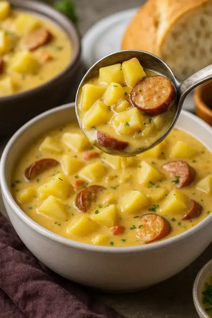 Cajun potato soup with sausage and potatoes in white bowls on white-gray table