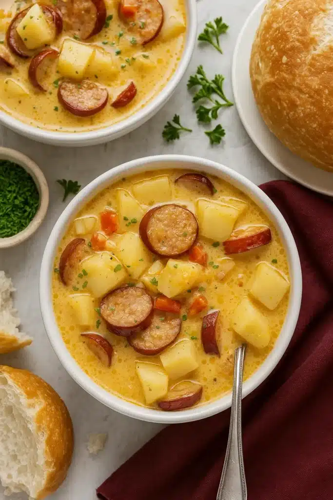 Cajun Potato Soup | Creamy, Spicy & Irresistibly Delicious 7 Cajun potato soup with sausage and potatoes in white bowls on a white-gray table