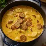 Cajun Potato Soup | Creamy, Spicy & Irresistibly Delicious 6 Creamy Cajun potato soup with sausage and potatoes in a rustic pot
