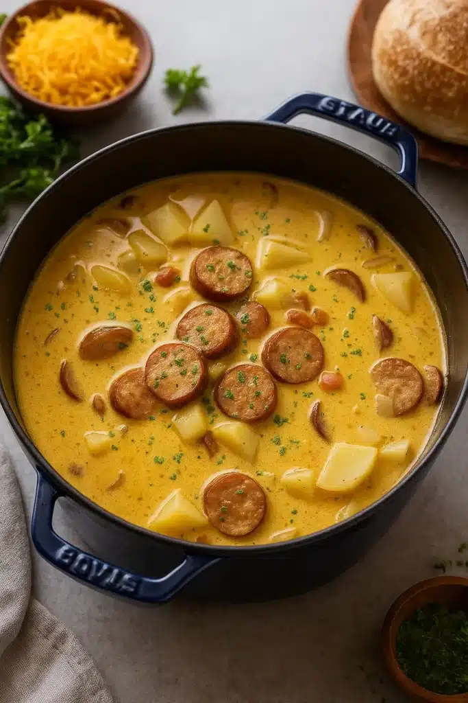 Creamy Cajun potato soup with sausage and potatoes in a rustic pot