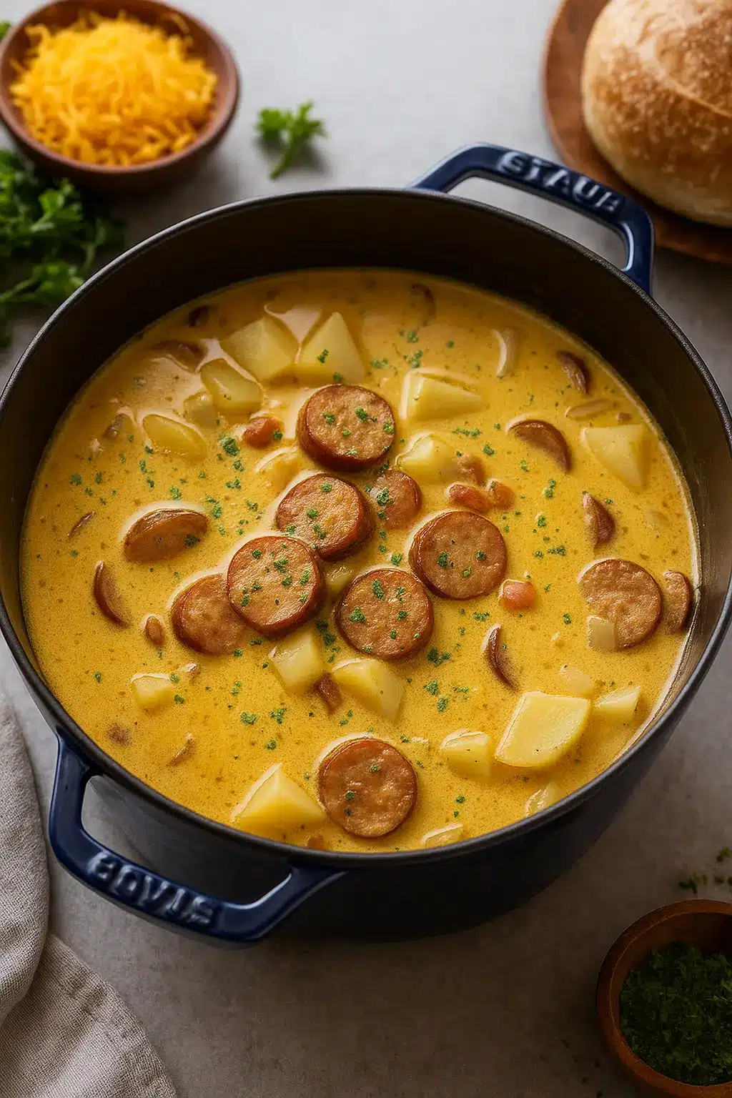 Creamy Cajun potato soup with sausage and potatoes in a rustic pot