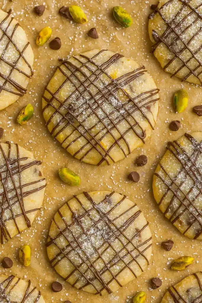 Freshly baked cannoli cookies drizzled with chocolate on parchment paper