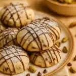 Cannoli Cookies: Soft, Sweet Italian-Inspired Christmas Treats 10 Soft cannoli cookies drizzled with chocolate and powdered sugar on a rustic plate