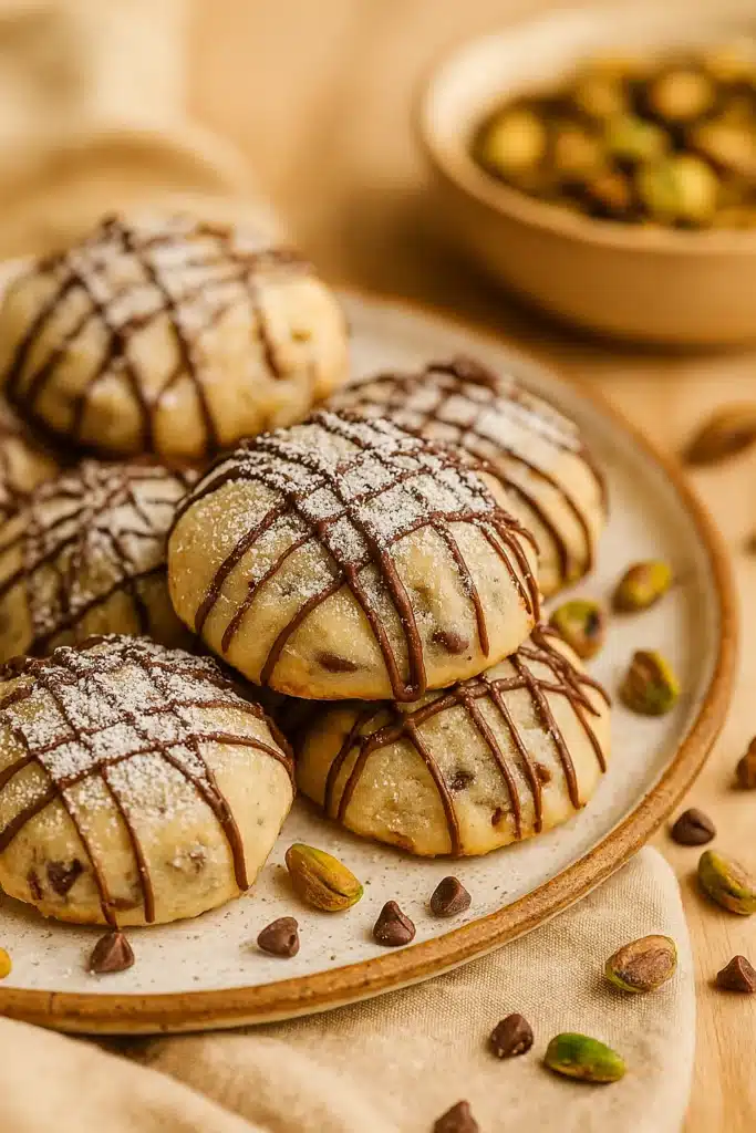 Cannoli Cookies: Soft, Sweet Italian-Inspired Christmas Treats 11 Soft cannoli cookies drizzled with chocolate and powdered sugar on a rustic plate
