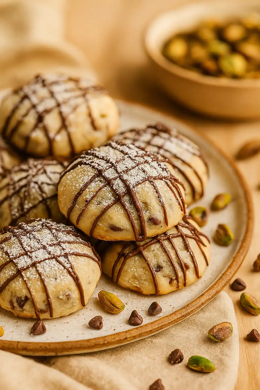 Soft cannoli cookies drizzled with chocolate and powdered sugar on a rustic plate