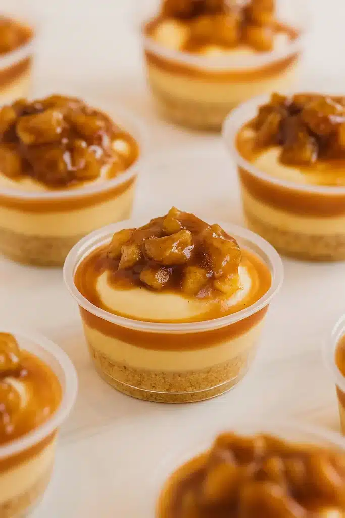 Mini caramel apple dessert cups with caramel mousse and cinnamon apples
