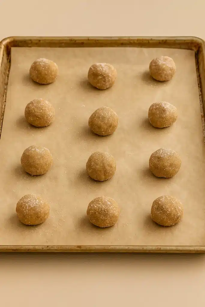 Chai Cookies – Soft, Chewy & Amazingly Spiced 8 Chai cookie dough balls coated in sugar on a baking tray