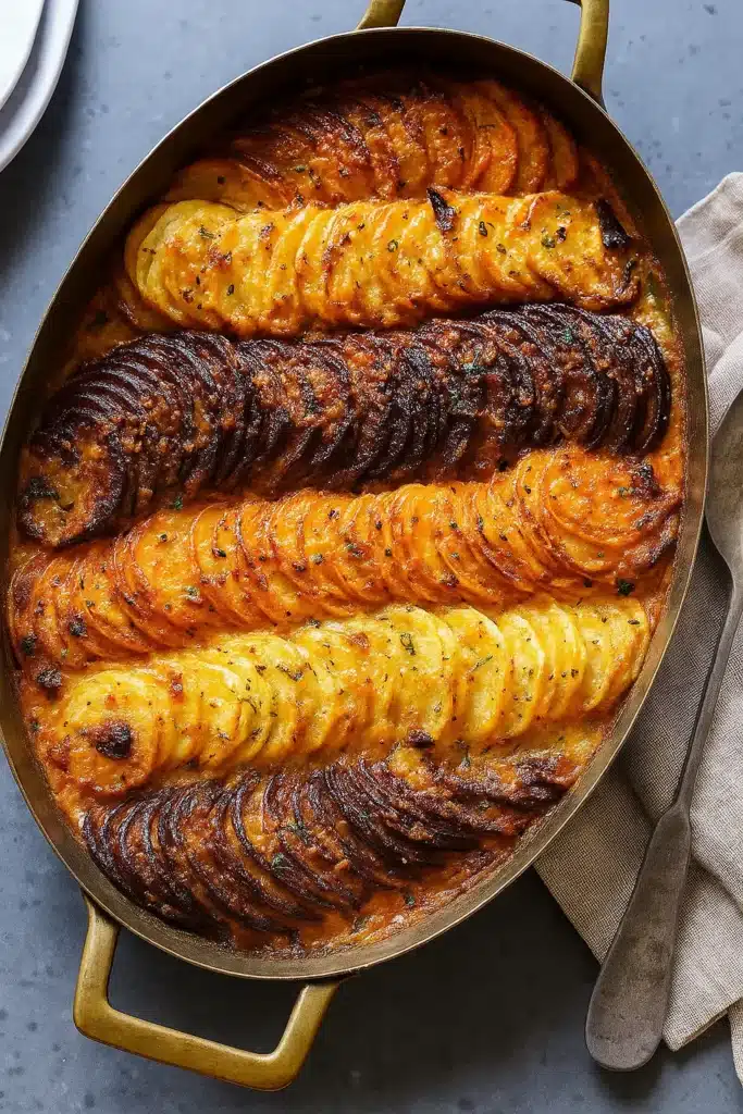 Cheesy root vegetable gratin with golden crispy layers in a rustic oval baking dish