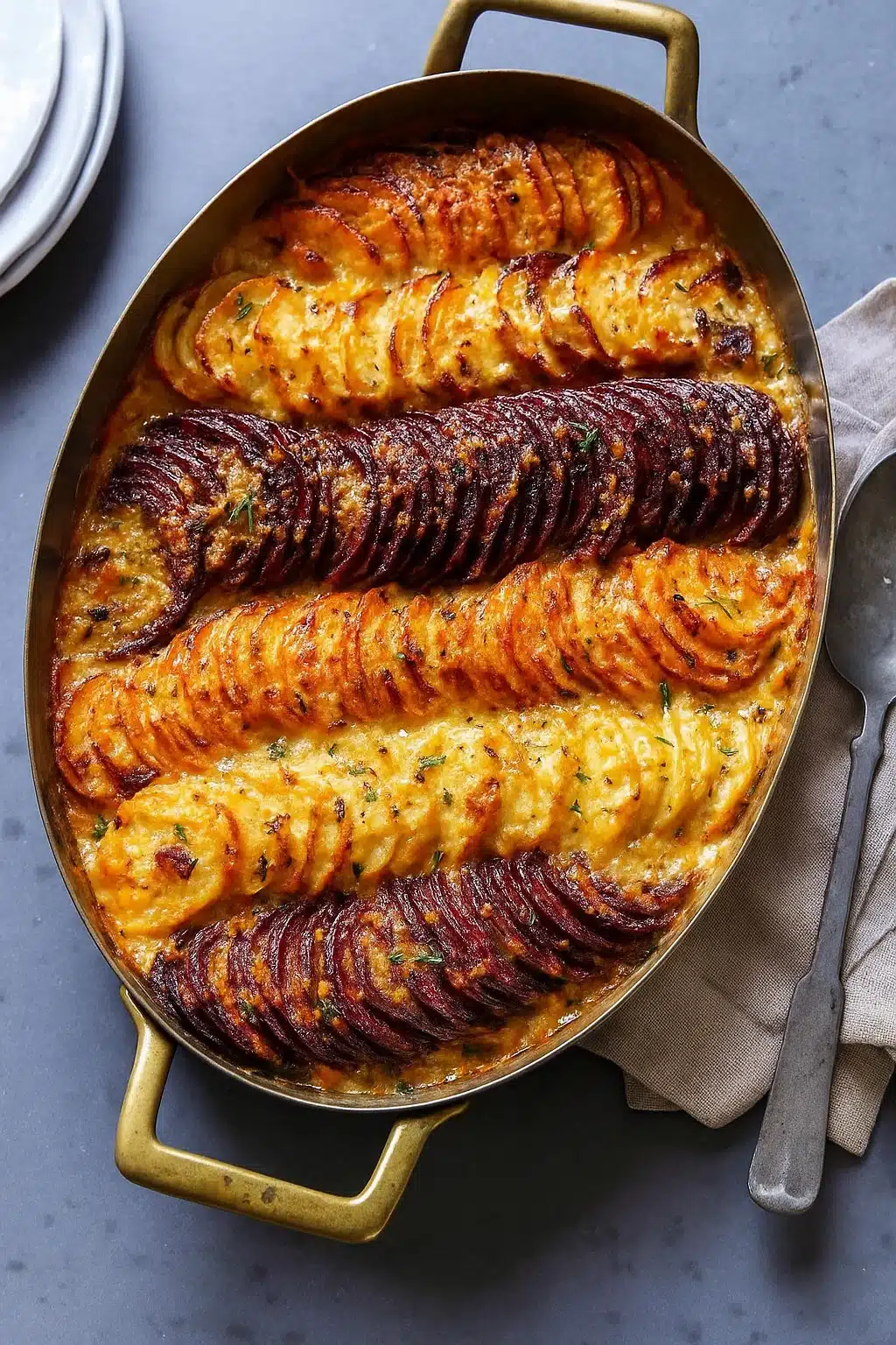Cheesy root vegetable gratin with golden crispy layers in a rustic oval baking dish