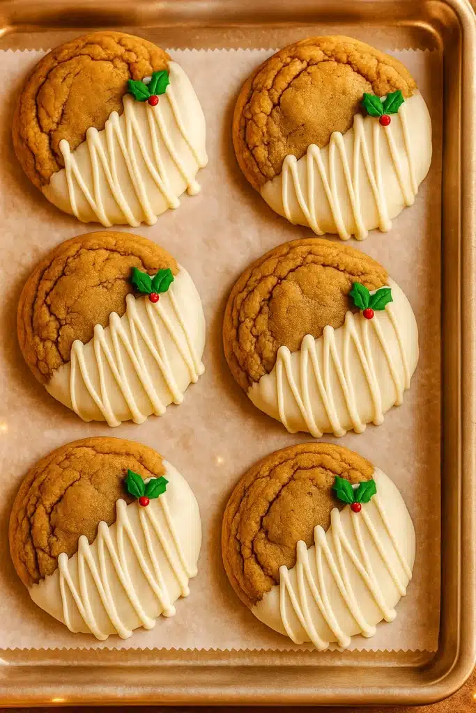 Tray of chewy maple cinnamon cookies dipped in white chocolate with holly decorations