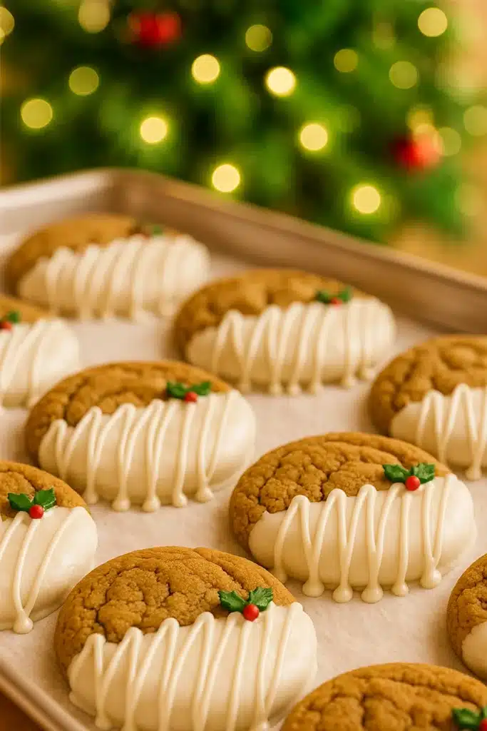 Tray of chewy maple cinnamon cookies dipped in white chocolate with holly sprinkles