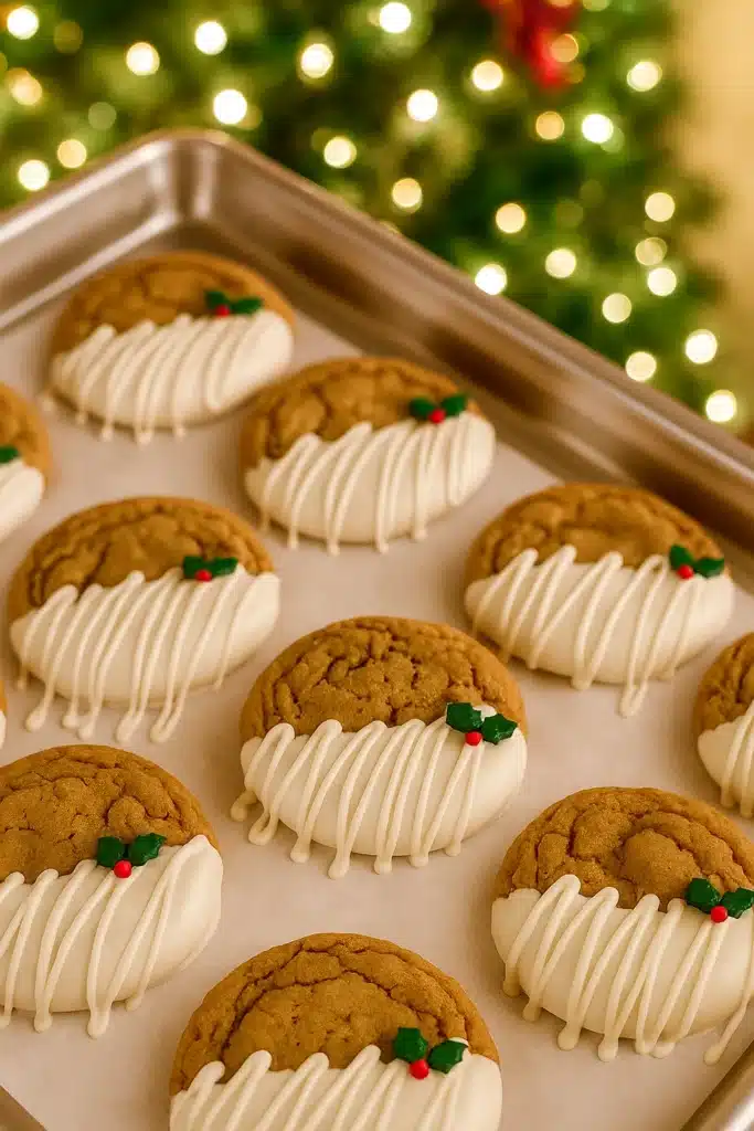 Tray of chewy maple cinnamon cookies dipped in white chocolate with holly sprinkles