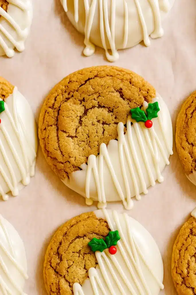 Chewy maple cinnamon cookies dipped in white chocolate with holly sprinkles