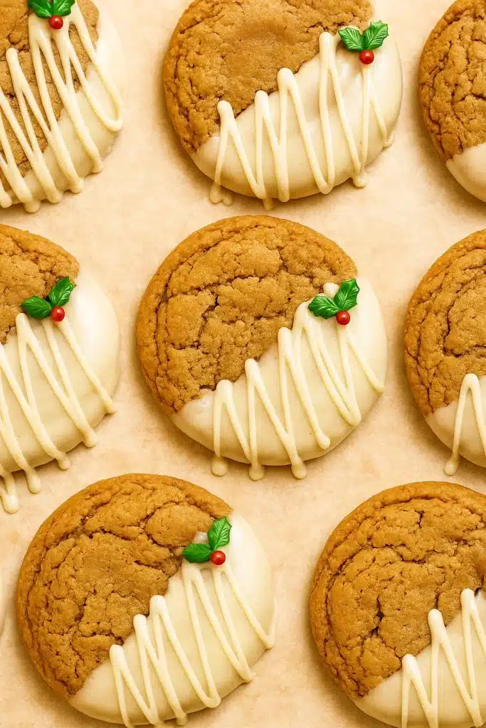 Chewy maple cinnamon cookies dipped in white chocolate with festive holly sprinkles