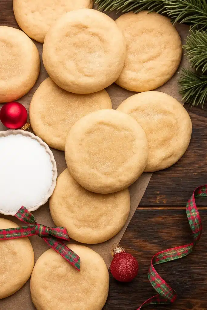 Chewy Sugar Cookies Recipe – Soft, Buttery & Amazing Treat 20 Freshly baked chewy sugar cookies with holiday decorations