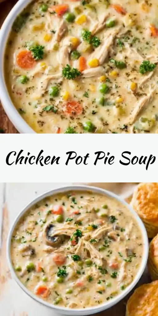 Creamy chicken pot pie soup with biscuits on the side