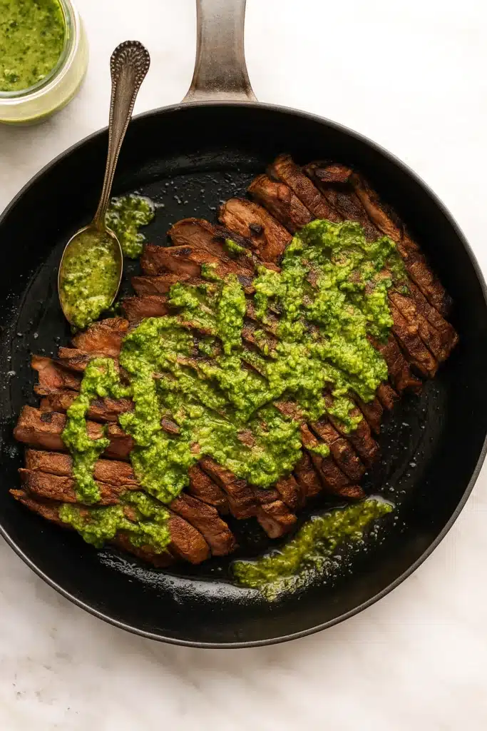 Chimichurri Flank Steak | Juicy & Bold Dinner Recipe 7 Chimichurri flank steak in skillet topped with green herb sauce