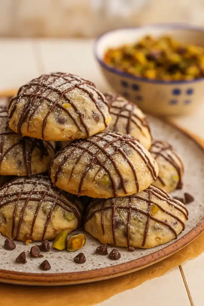 Cannoli Cookies: Soft, Sweet Italian-Inspired Christmas Treats 8 Stacked cannoli cookies drizzled with chocolate and dusted with powdered sugar