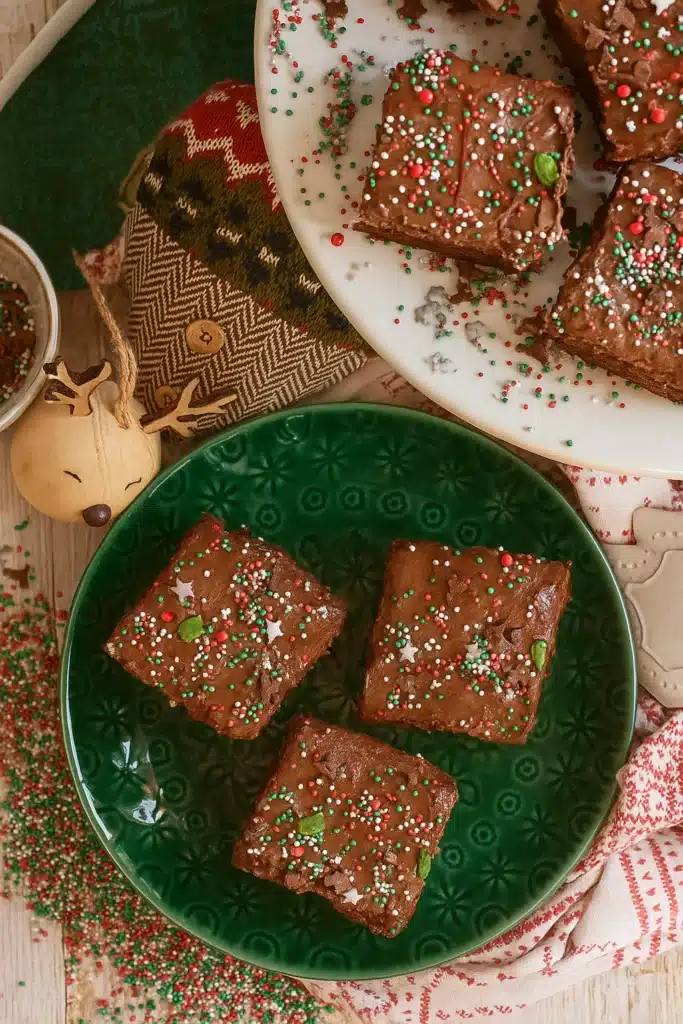 Chocolate Frosted Christmas Brownies | Amazing Holiday Treat 9 Chocolate Frosted Christmas Brownies on green plate with holiday sprinkles