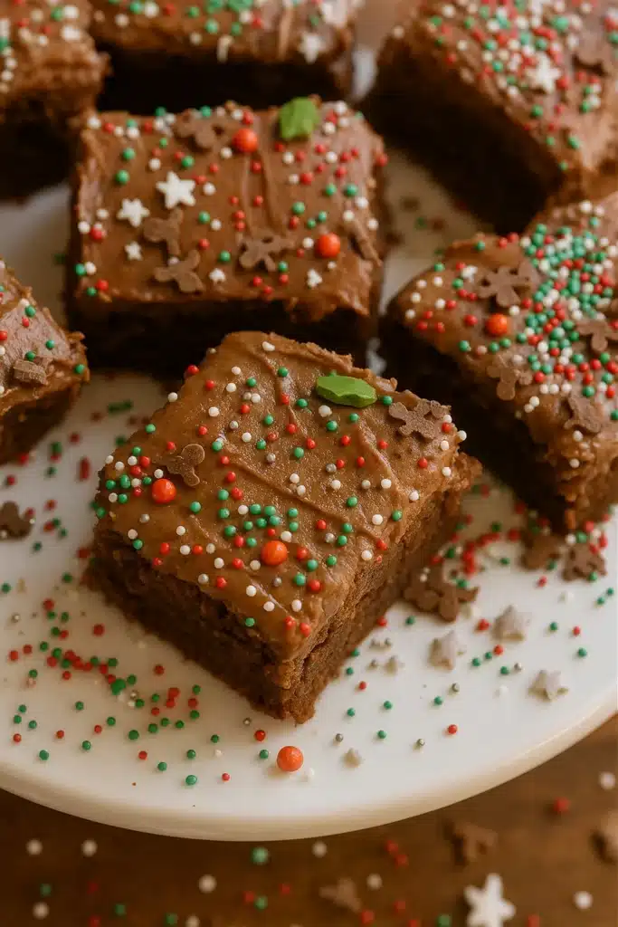 Chocolate Frosted Christmas Brownies | Amazing Holiday Treat 8 Chocolate Frosted Christmas Brownies on red plate with festive sprinkles