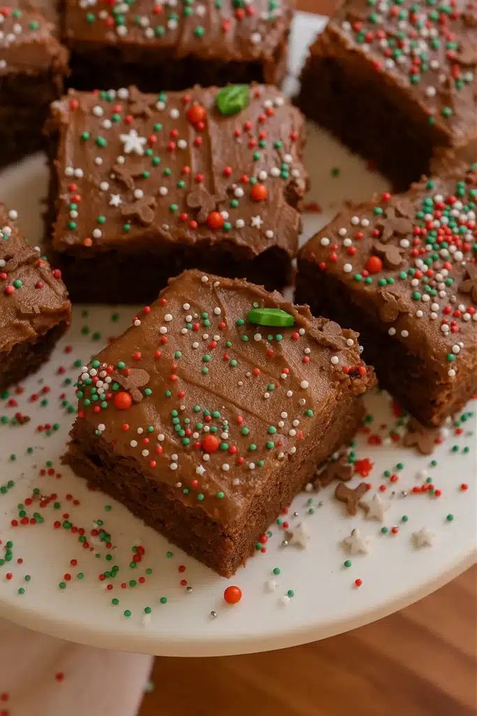 Chocolate Frosted Christmas Brownies | Amazing Holiday Treat 11 Chocolate frosted Christmas brownies with red, green, and white sprinkles on a cake stand
