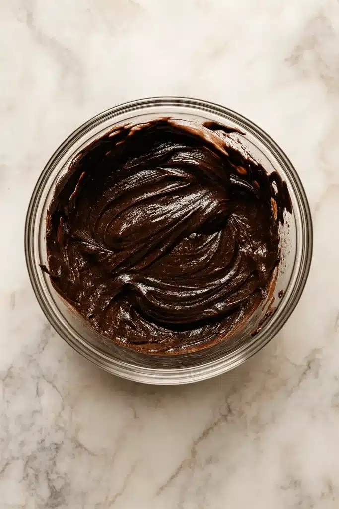 Glass bowl of glossy chocolate cookie batter with swirl texture