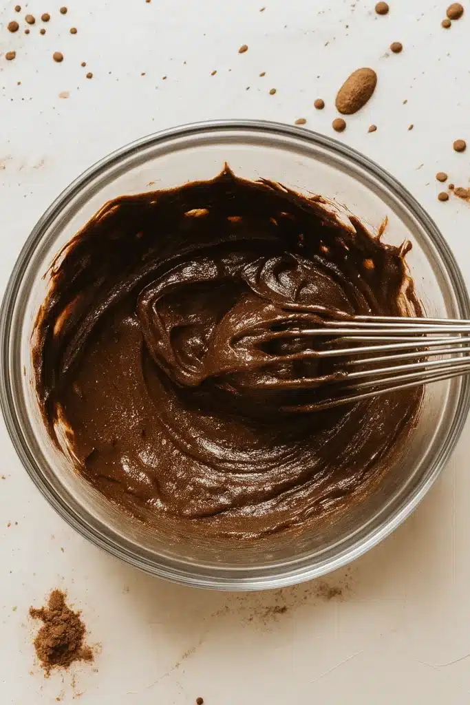 Chocolate cookie batter in a glass bowl with whisk on white surface ..