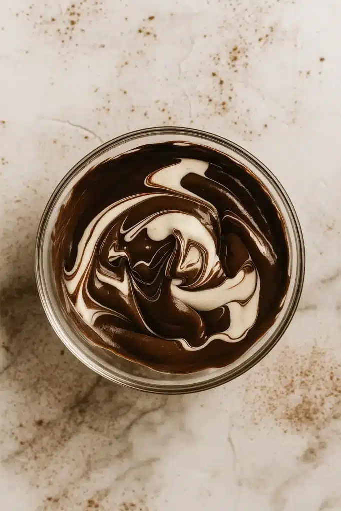 Chocolate and marshmallow swirl in glass bowl for cookie dough